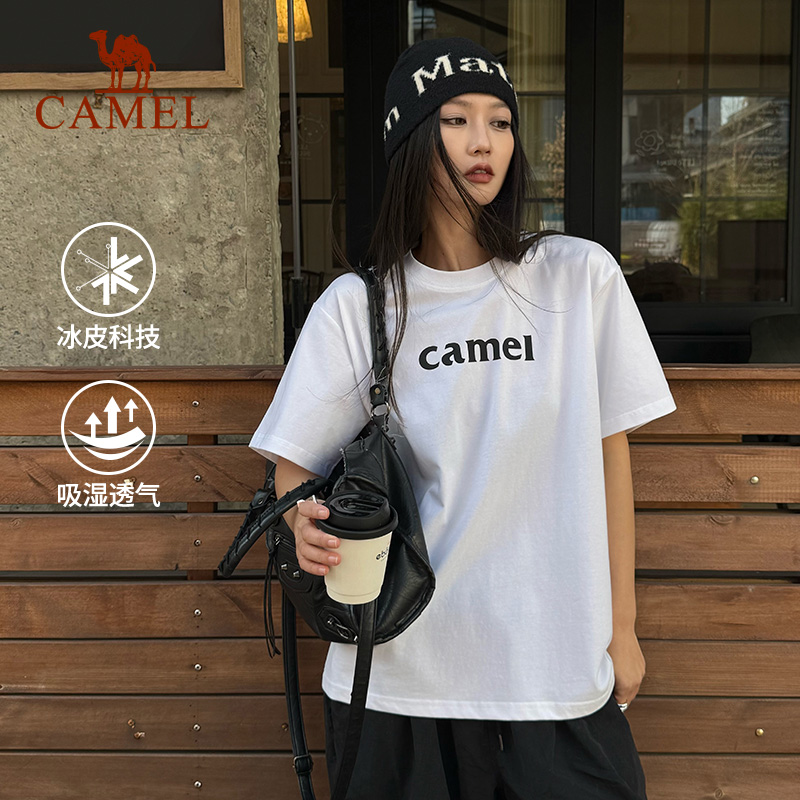 骆驼冰感T恤复古潮牌原创圆领休闲宽松白色上衣运动短袖男流光风