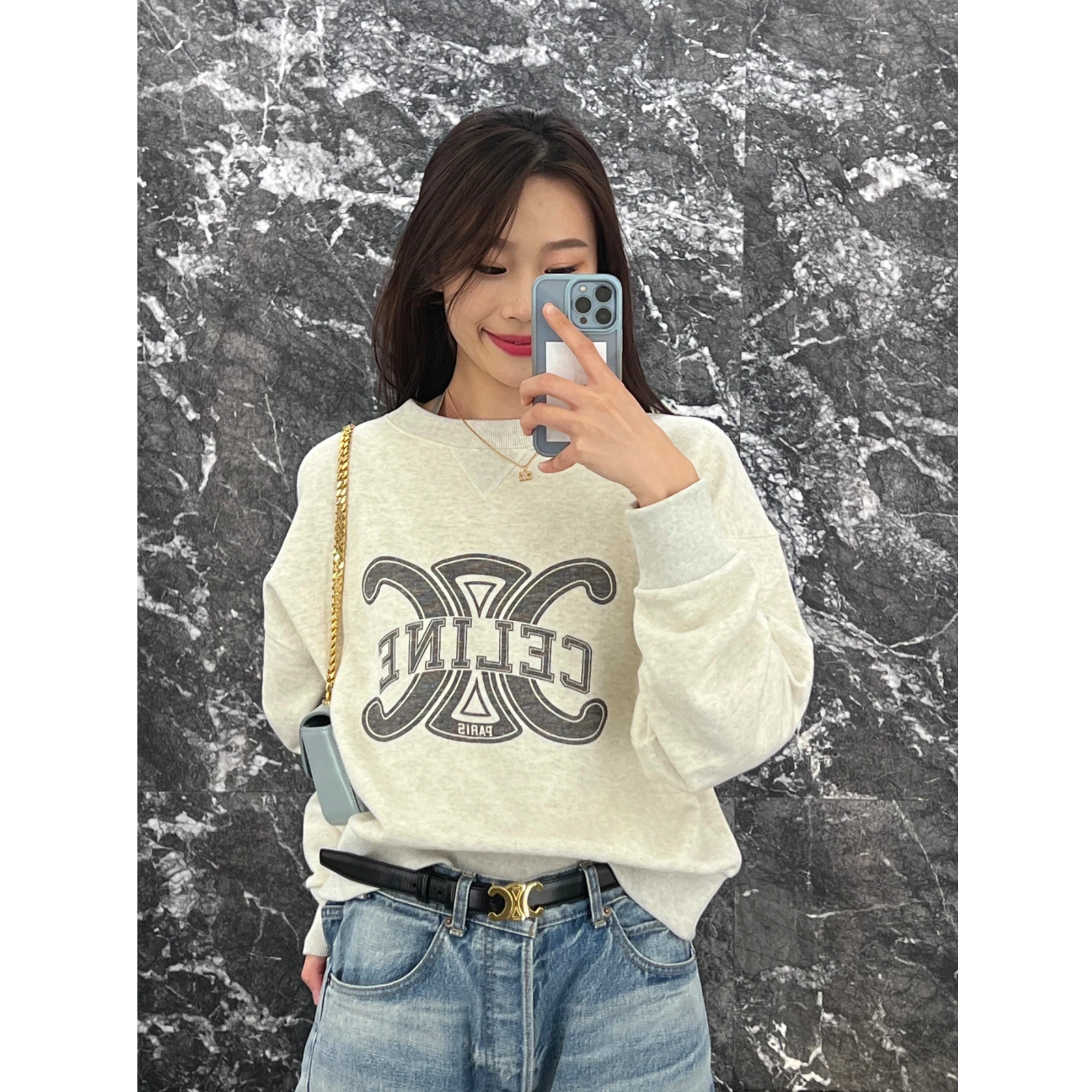 未使用 Celine/思琳 Logo图案印花圆领长袖卫衣 白色/M