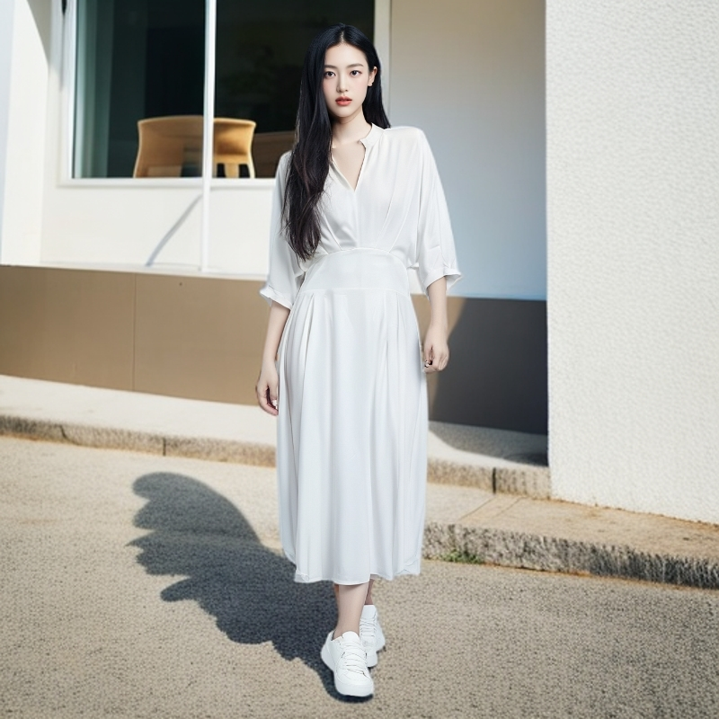 简约玫瑰夏季V领长裙短袖汉服连衣裙优雅显瘦裙子法式