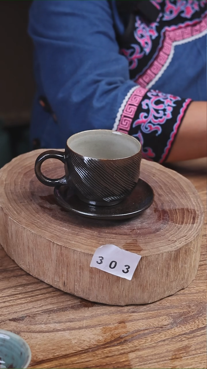 牙舟陶冗平窑柴烧条纹小咖啡杯  303