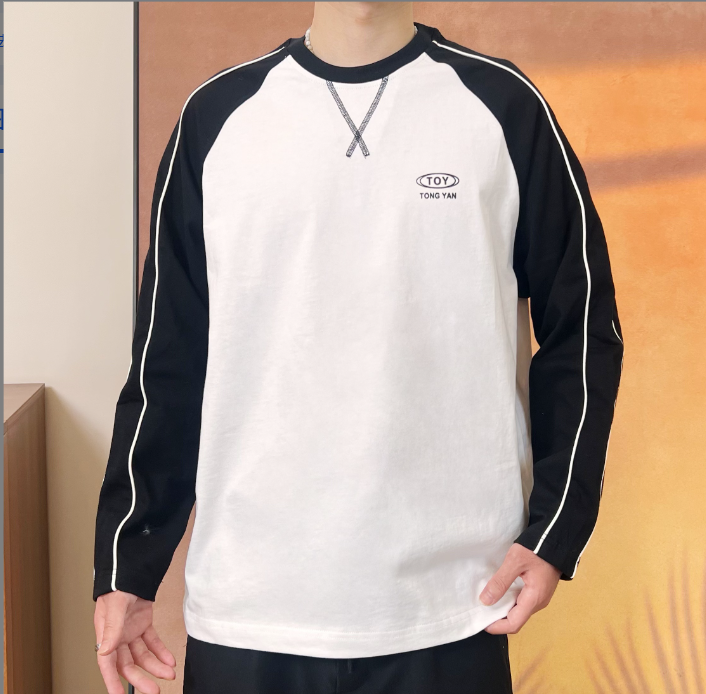 《大强小龙》秋冬季新款男士圆领休闲美式拼接百搭简约潮流长袖