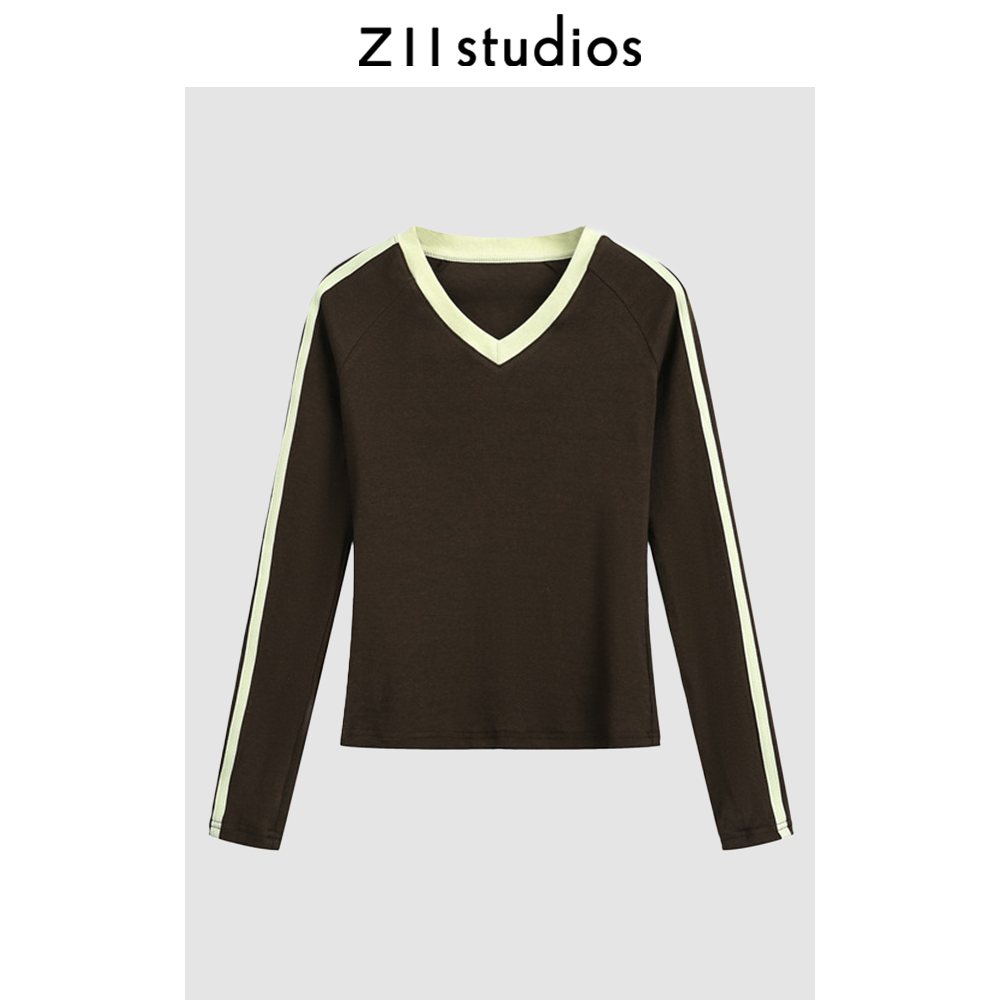 Z11美式复古撞色V领长袖T恤女2025春秋新款修身显瘦打底衫上衣