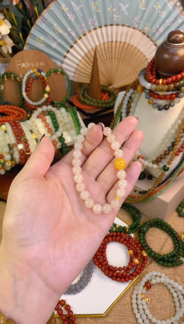 【闪购商品】和田玉手串18K金镶嵌藕粉