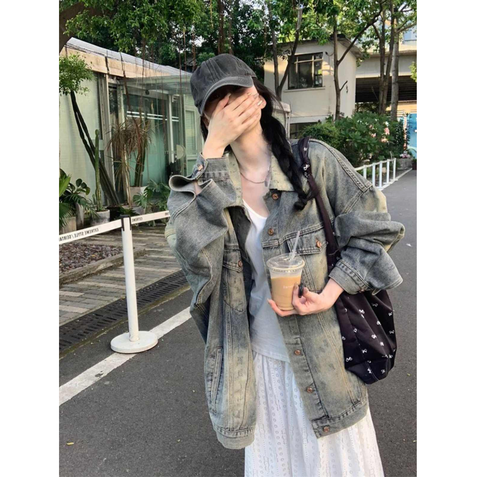 高街美式复古水洗做旧牛仔外套女春秋宽松oversize中长款夹克上衣