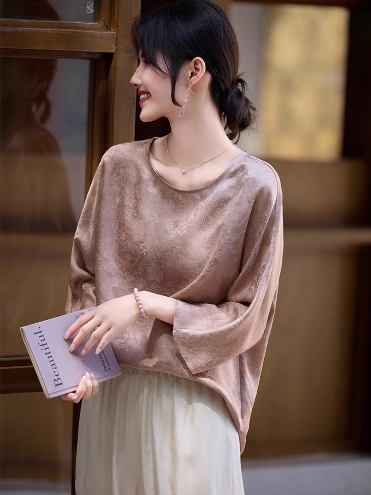 [锦蓉]高端真丝女宽松气质七分袖桑蚕丝圆领中袖上衣