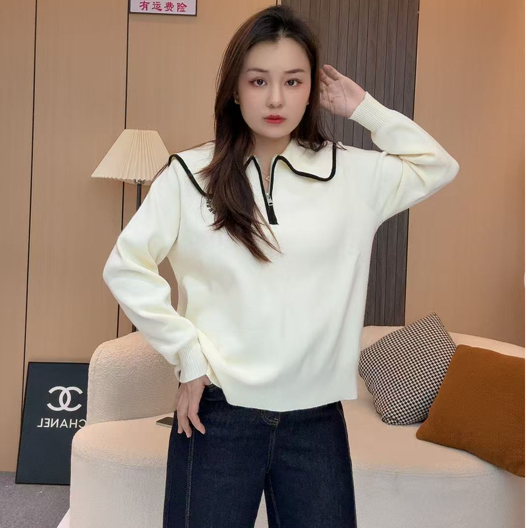 69286合#新款胖mm大码设计感撞色娃娃领针织衫半拉链正肩毛衣
