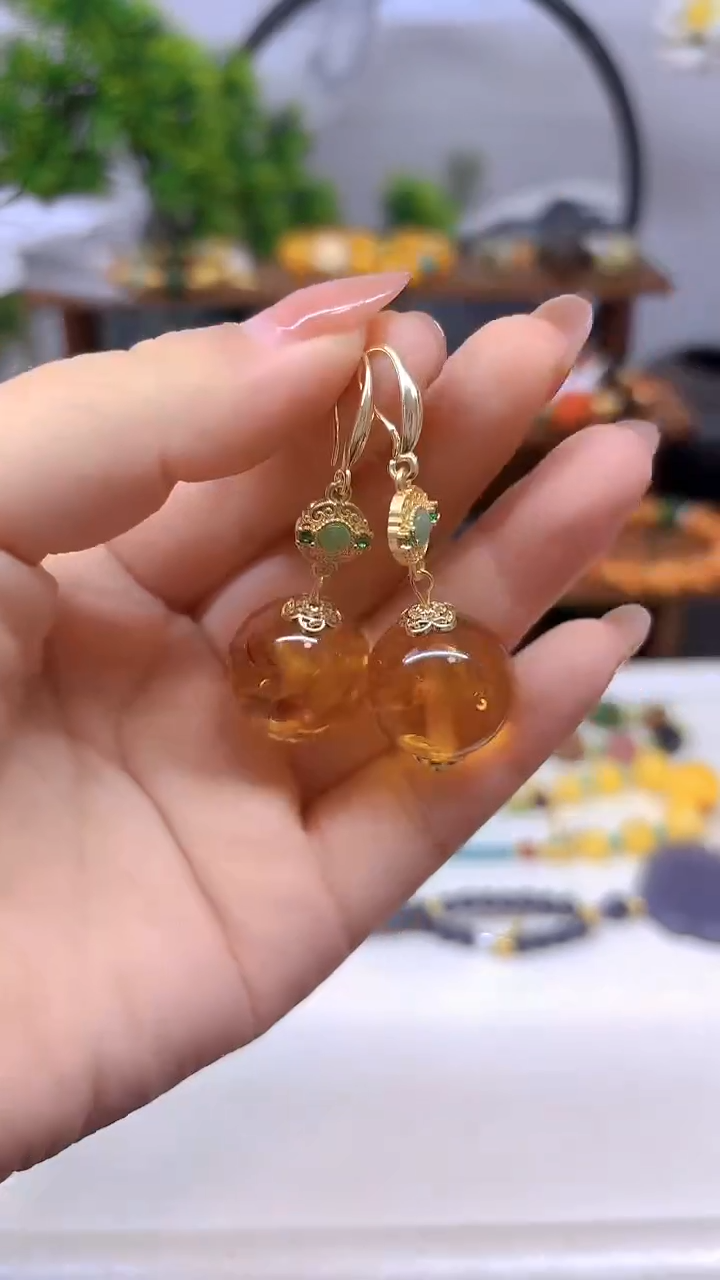 琥珀（花珀）14K金镶嵌耳饰E895