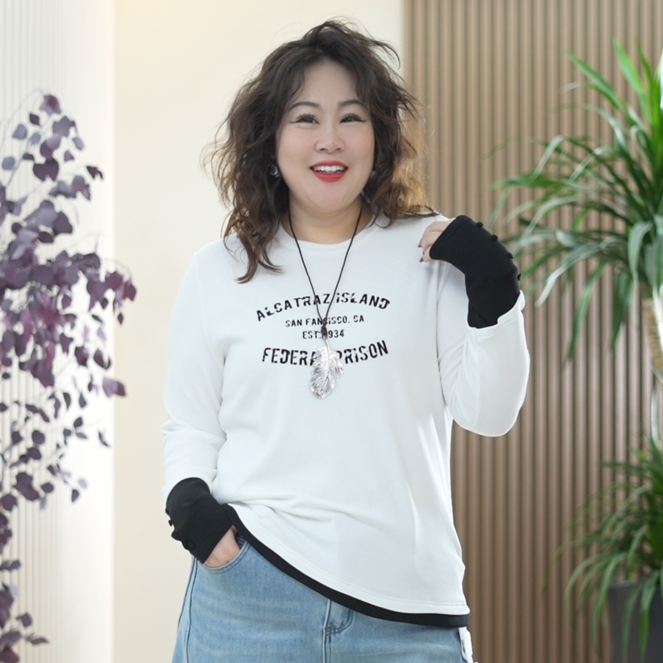 云棉米舒绒撞色卫衣打底衫大码美式植绒字母高弹力冬季T恤上衣女