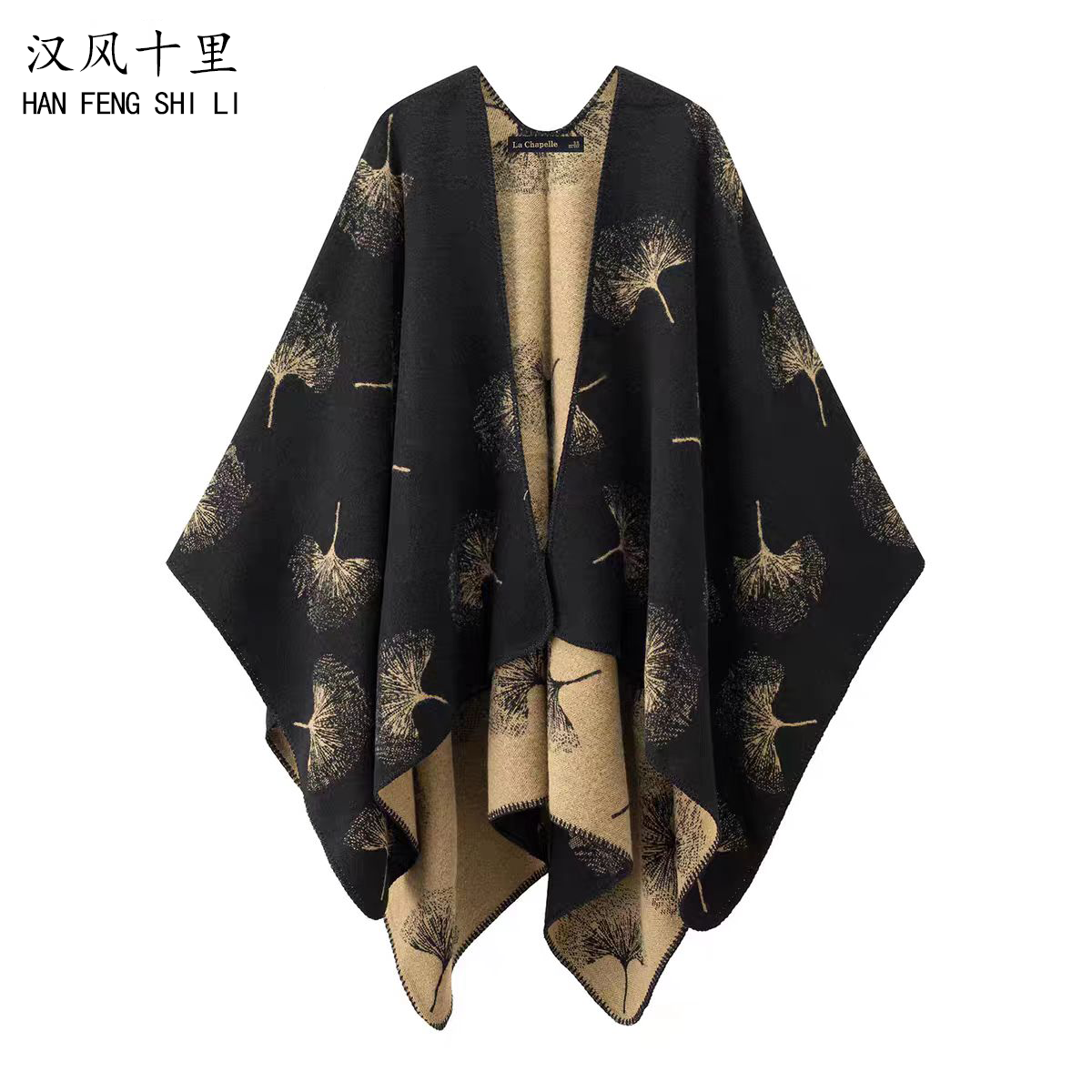 落日银杏-冬季保暖银杏水墨画民族风旅游外搭斗篷披肩