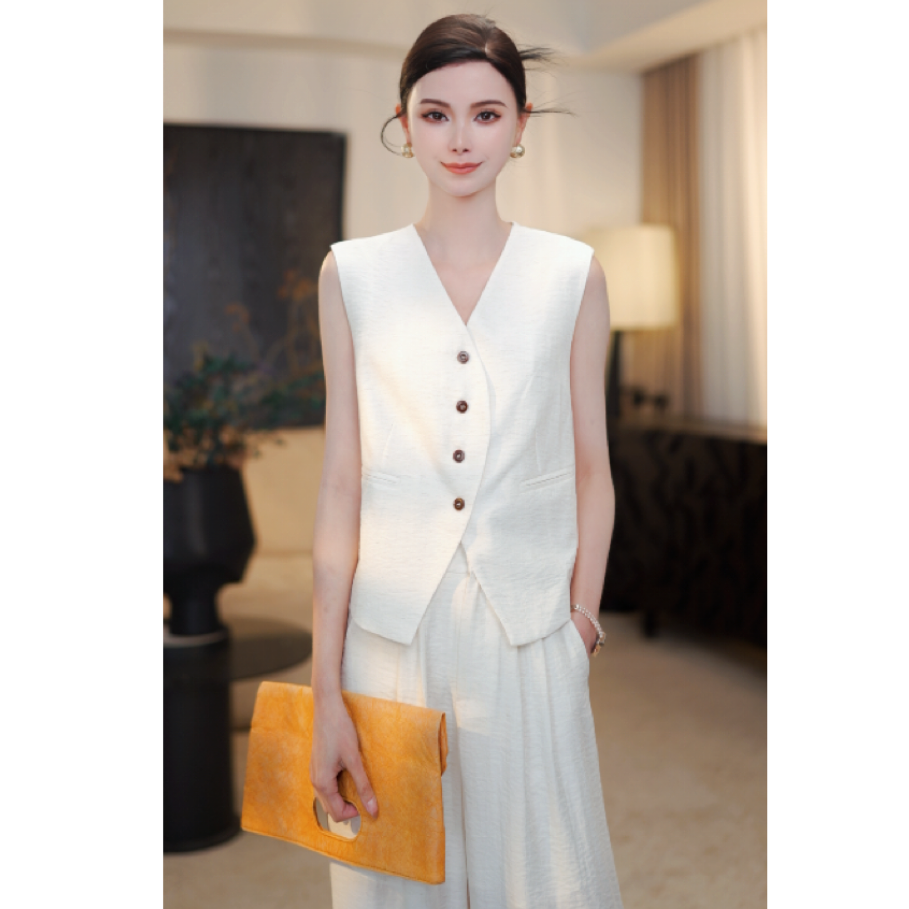 老钱风天丝亚麻气质马甲阔腿裤两件套送丝巾TZ666