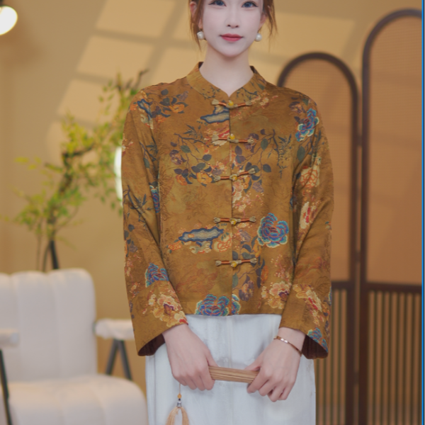 花罗芦熟金黄缠枝牡丹五福临门桑蚕丝秋季外套女新中式香云纱