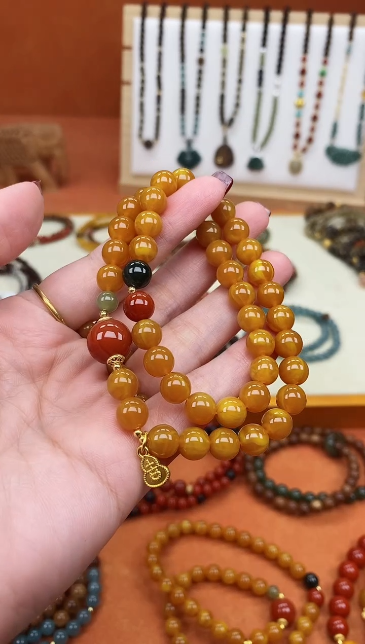 手链蜜蜡未镶嵌双圈蜜蜡和田南红手串