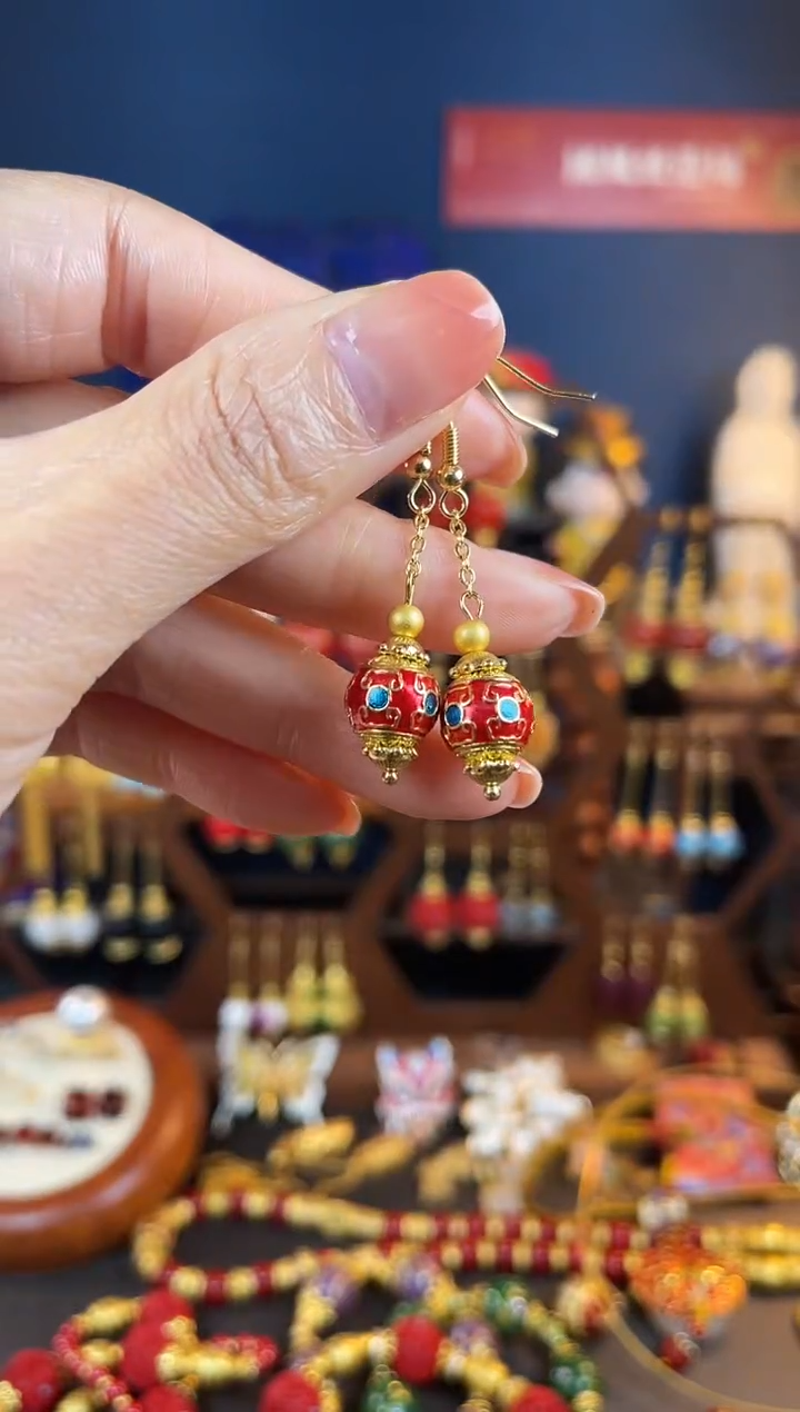 【闪购商品】红色珐琅景泰蓝耳钩