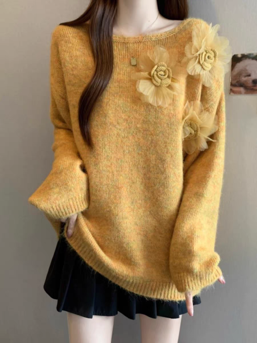 立体花朵慵懒风毛衣女秋冬软糯贴身宽松紫色针织衫百搭ins