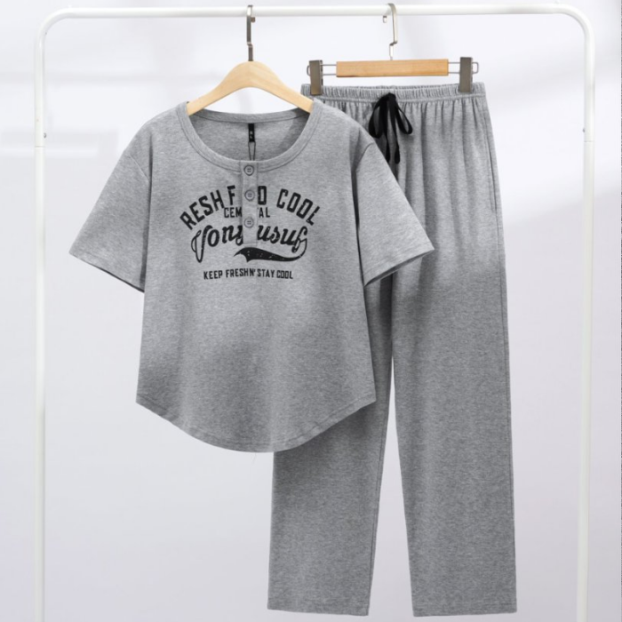 8240夏季带胸垫女士睡衣纯棉短袖长裤套装女士睡衣家居服睡衣