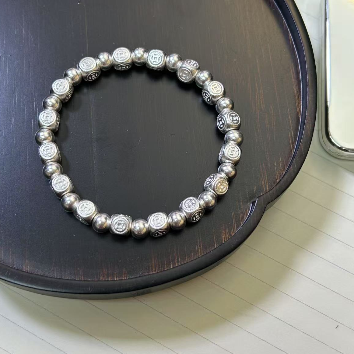 足银手链 八方来财方块铜钱隔珠手串手链（宝立严选）