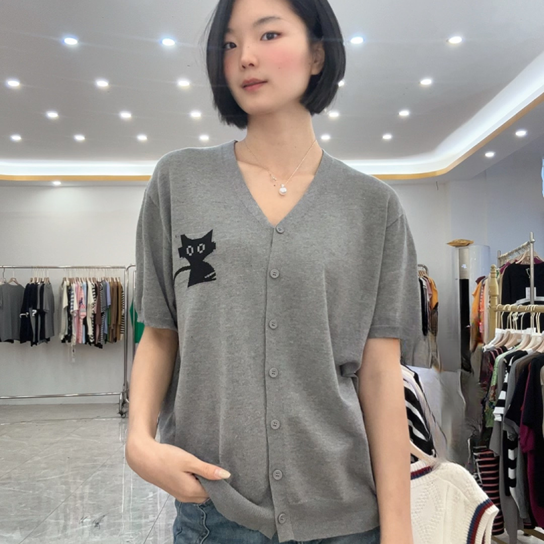 【霞姐推荐】001新款女士百搭洋气时尚毛衣针织衫小猫短袖
