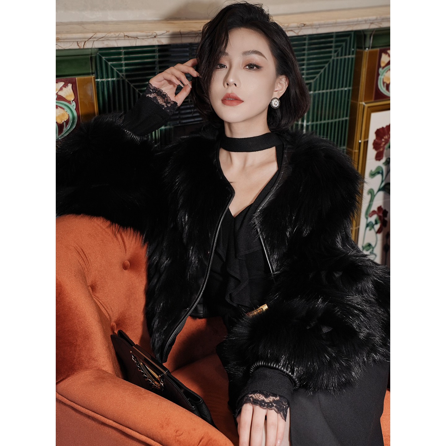 唐一可原创设计狐狸毛皮草外套女短款冬季圆领外套