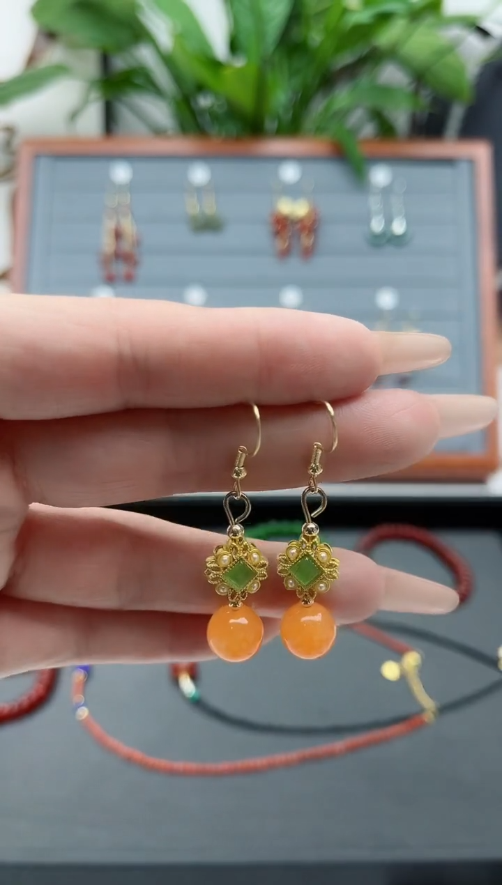 【闪购商品】玛瑙/玉髓耳饰银S925镀金镶嵌1109橘