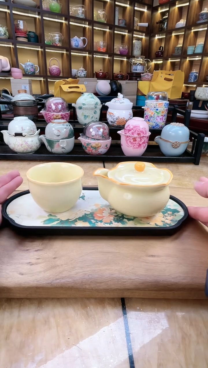 【闪购商品】其他哥窑黄色宝瓶一壶一杯+绿牡丹盘