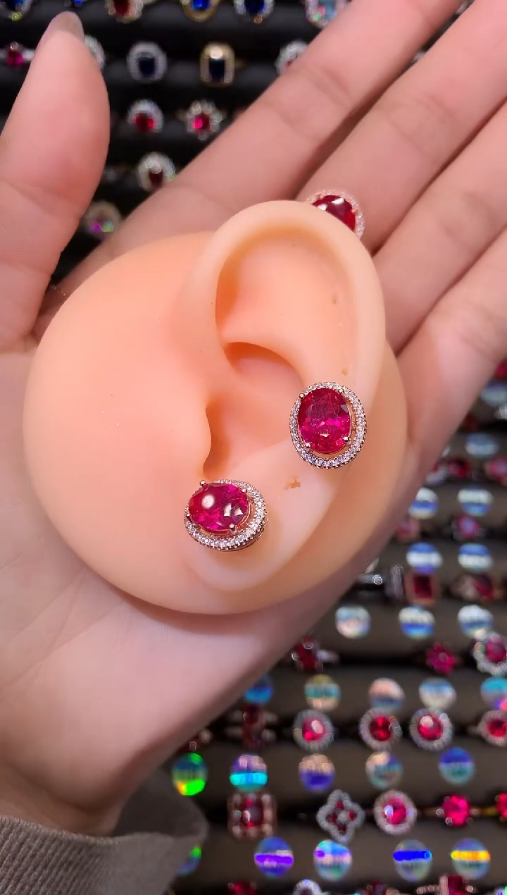 【闪购商品】红宝石耳饰银S925镶嵌810玫瑰金