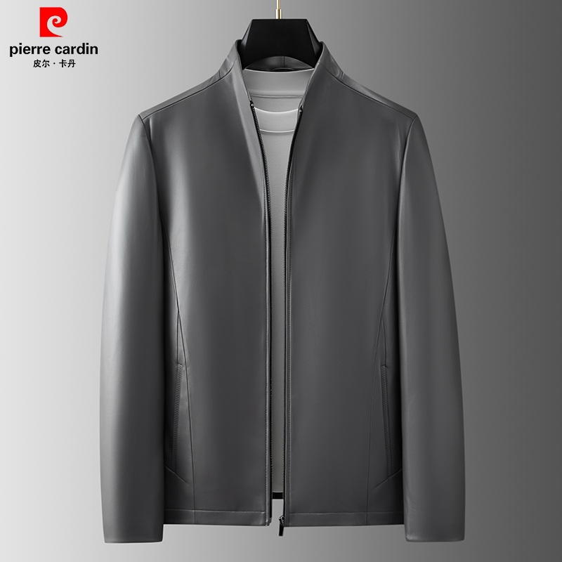 皮尔卡丹高级感男士真皮皮衣绵羊皮中年男装皮夹克休闲机车皮夹克