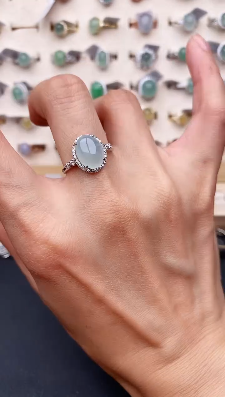 【闪购商品】翡翠戒指银S925镶嵌天然缅甸A货翡翠222   5-7