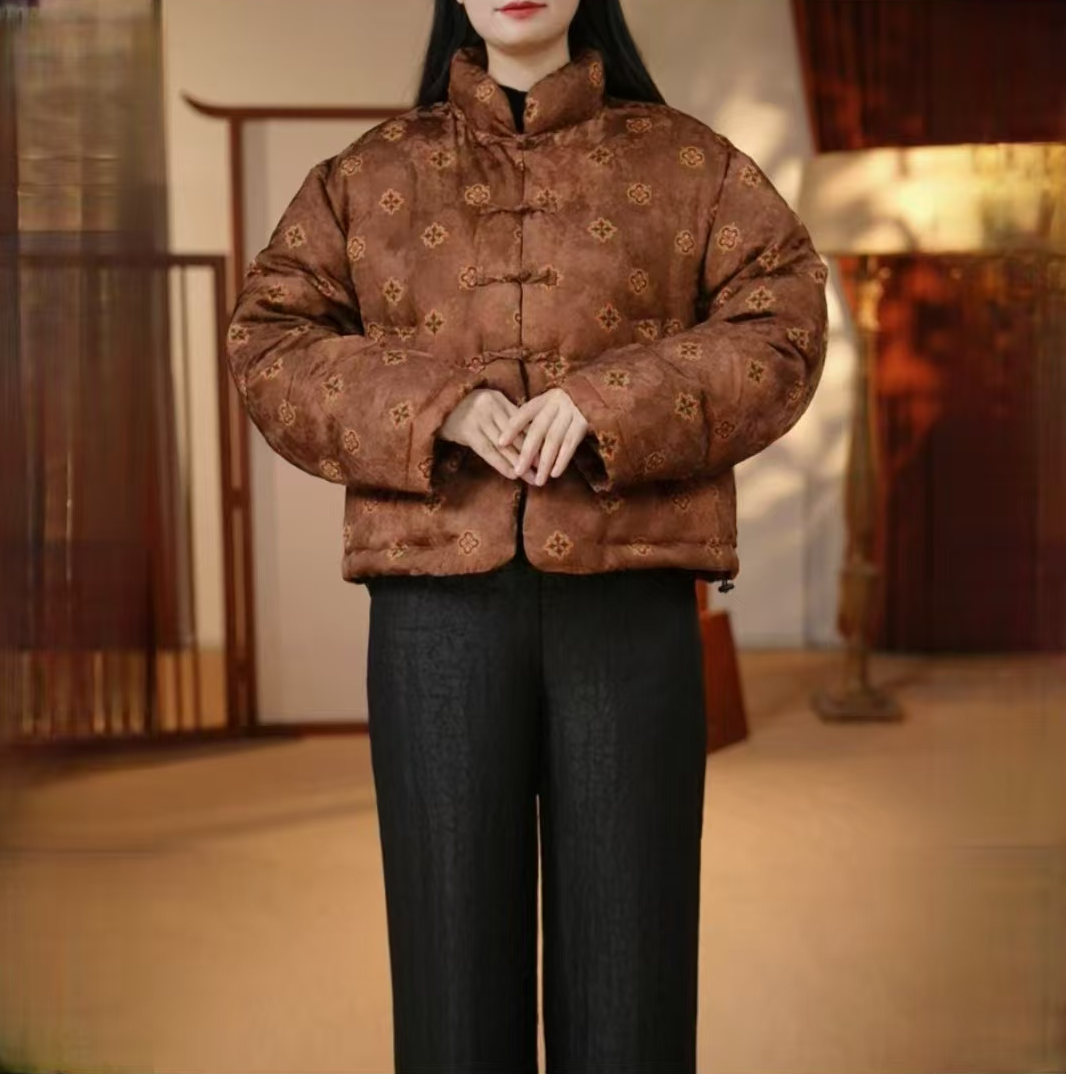 白鹅绒新中式短款羽绒服宽松立领加绒保暖秋冬上衣印花长袖外套