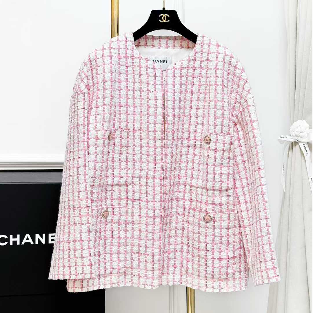99新 Chanel/香奈儿  46码22S春夏爆款粉白格子四口袋软呢外套