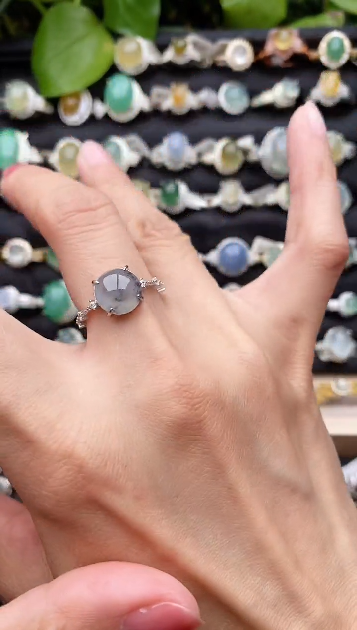 【闪购商品】翡翠戒指银S925镶嵌缅甸天然A货翡翠88  5-