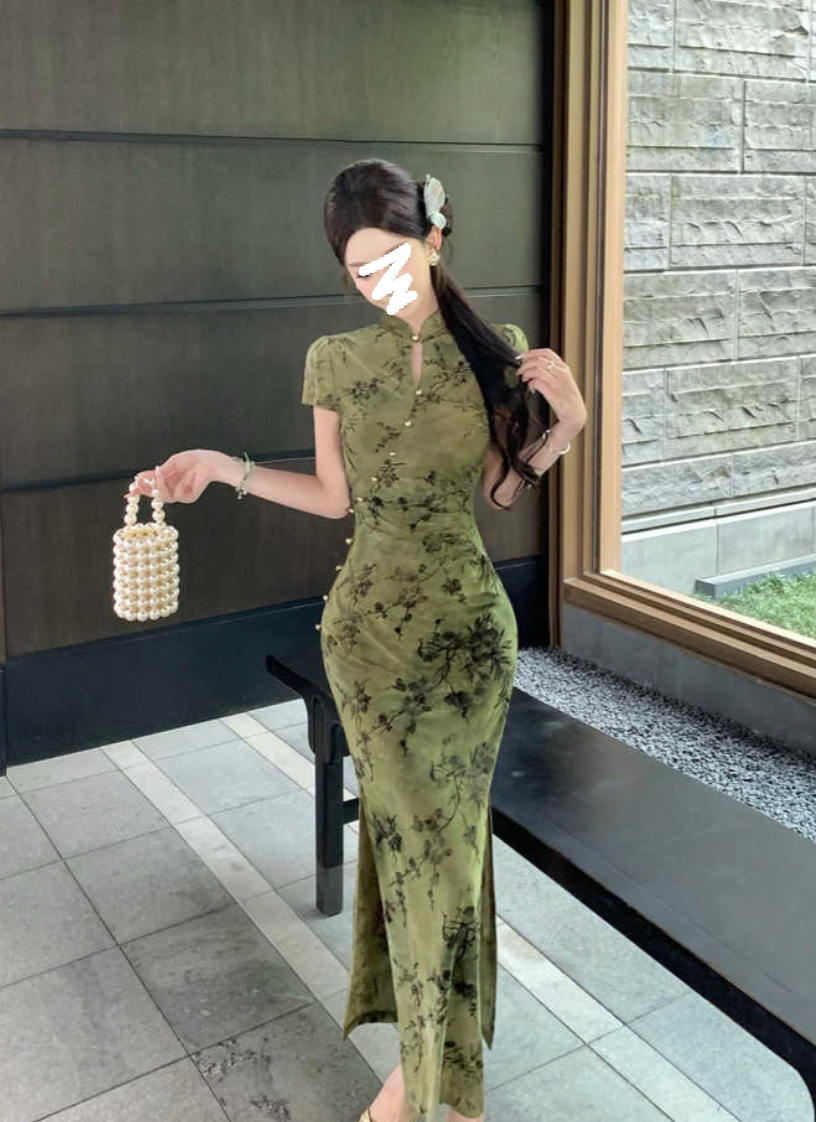 新中式国风暗绿色植绒绣花改良旗袍连衣裙女夏御姐连衣裙3170#