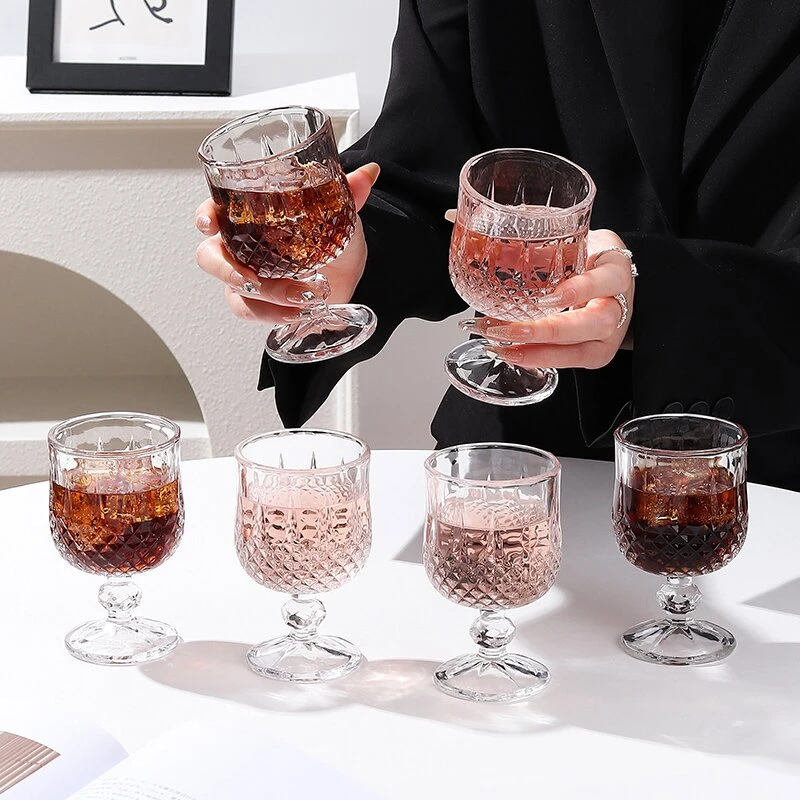 【6只装大号】创意钻石浮雕矮脚酒杯玻璃杯透明红酒杯加厚萎形杯