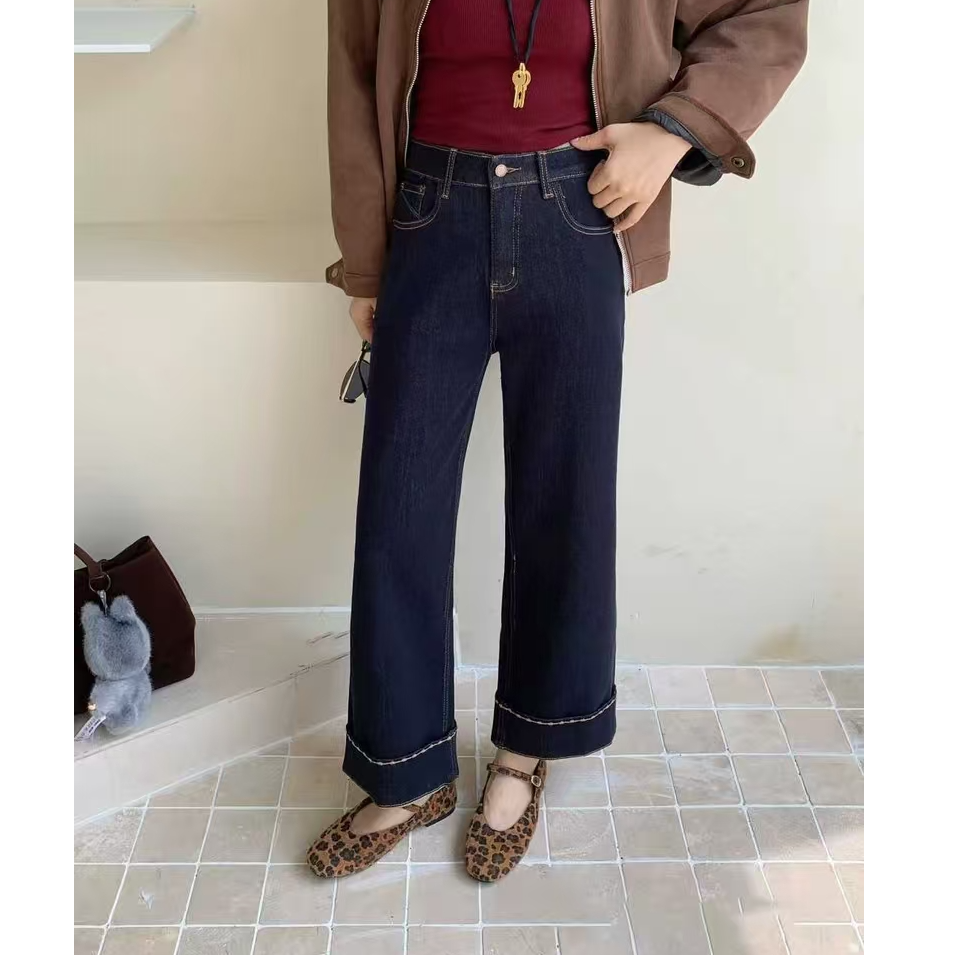 【现货+运费险】两穿大码胖mm弹力高腰牛仔裤阔腿卷边九分直筒裤920