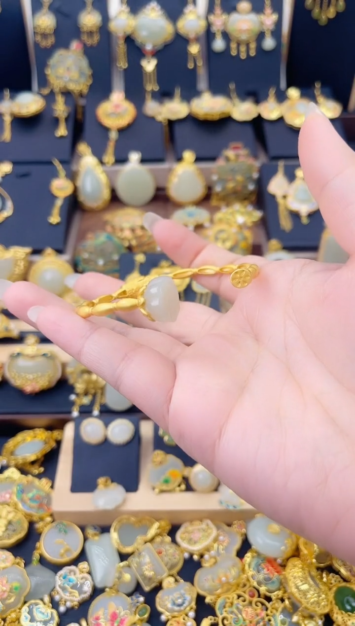 项圈银S925镀金镶嵌和田玉莲蓬手镯