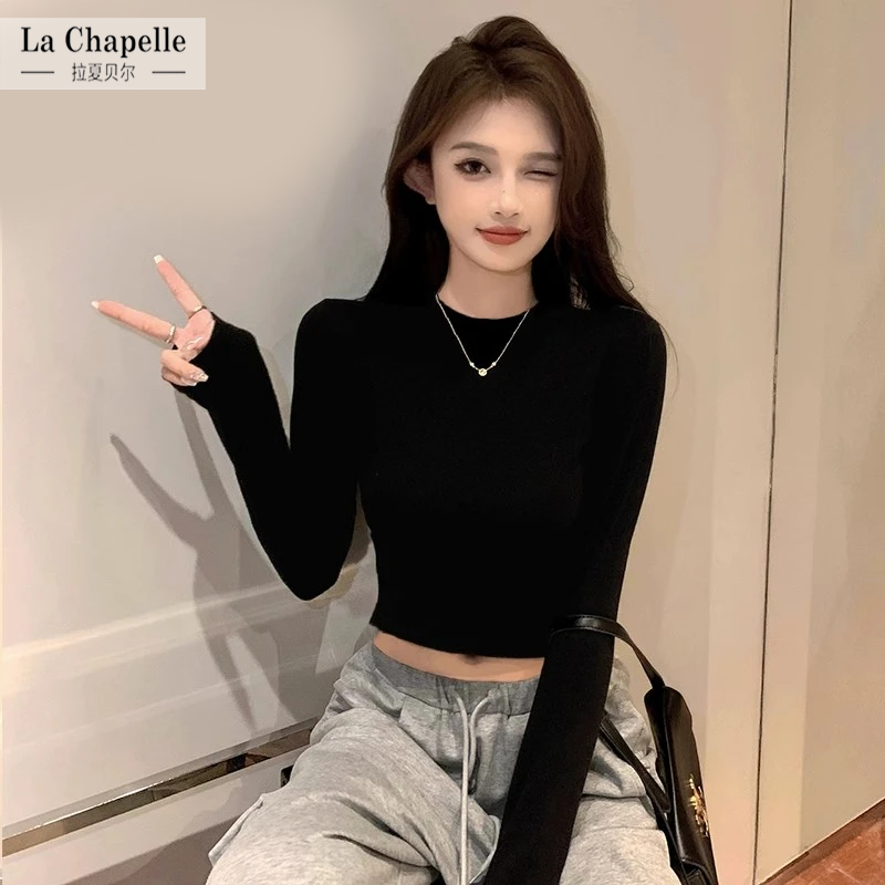拉夏贝尔黑色半高领T恤女内搭春秋短款紧身长袖多巴胺露脐老钱风