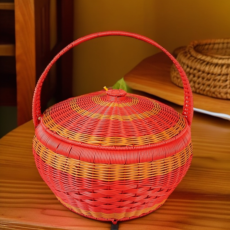 红色提篮圆形单层带脚带盖子工厂发喜庆提篮拜拜篮野餐篮结婚礼篮