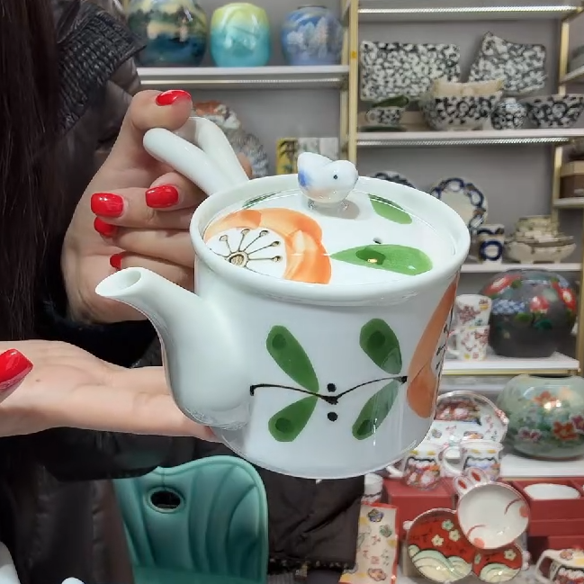 【单支】日本进口一诚陶苑手绘立体小鸟侧把茶壶350ml-橙色山茶