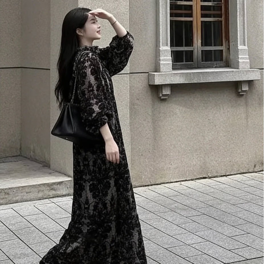 慵懒风秋冬大摆裙长裙韩法植绒高级性感女裙显瘦时尚