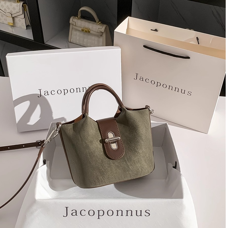 【雅各邦】真皮绿色水桶包女斜挎2025新款高级感轻奢大气手提菜篮子