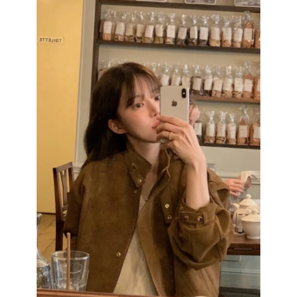 M-250932#谁懂啊！一入秋就被这见摩卡棕皮绒外套狠狠戳中审美！