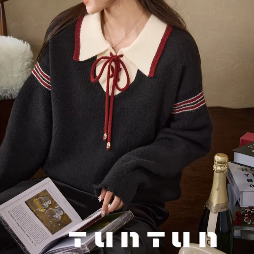 ZM服饰 【魔法书】学院少女 休闲减龄撞色polo翻领针织毛衣