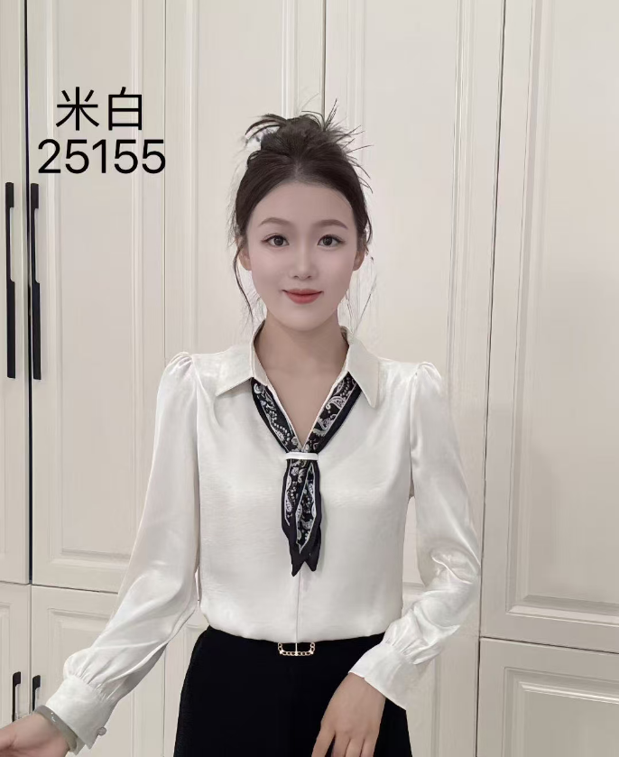 25-155秋季长袖衬衫飘带显瘦新款短袖时尚女装百搭气质遮肉上衣