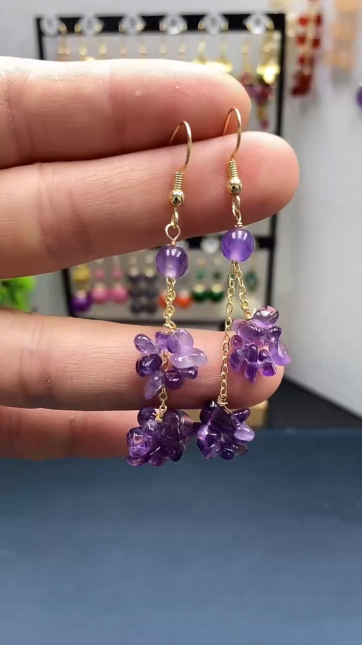 【闪购商品】紫晶耳饰银S925镀金镶嵌随型碎石00