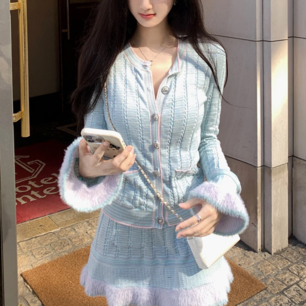 99新 Chanel/香奈儿 34码25B浅蓝拼紫条纹针织毛绒喇叭袖开衫外套