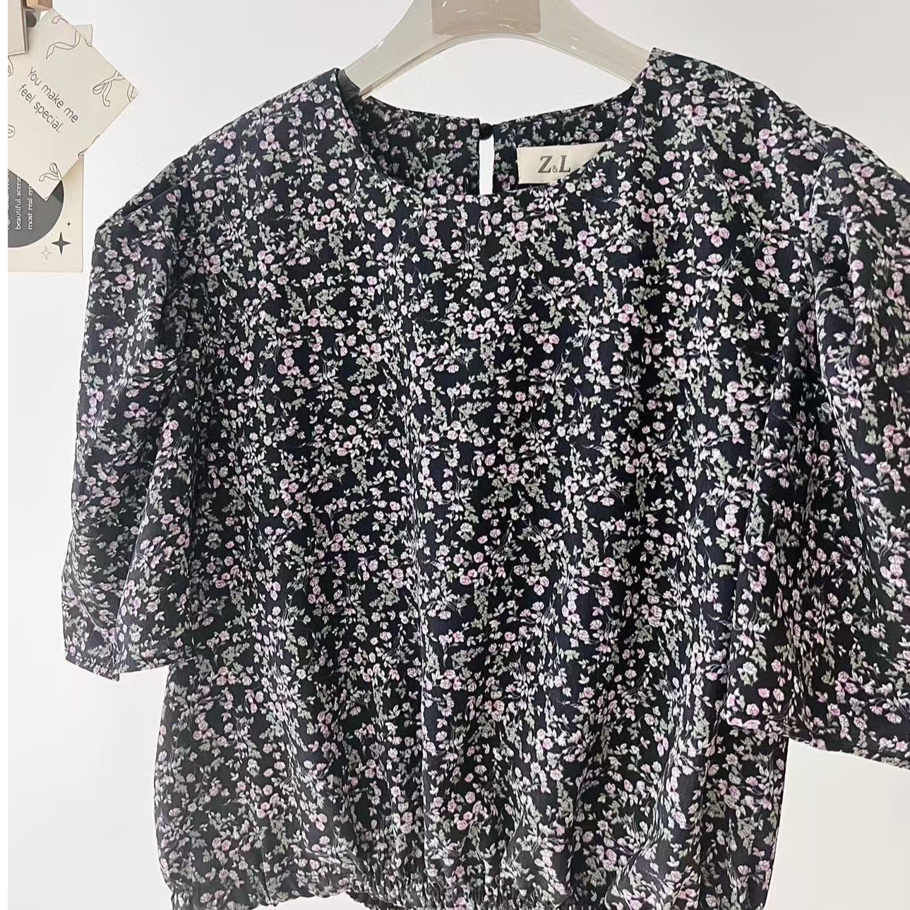 夏季圆领短袖泡泡袖碎花女装百搭衬衫上衣