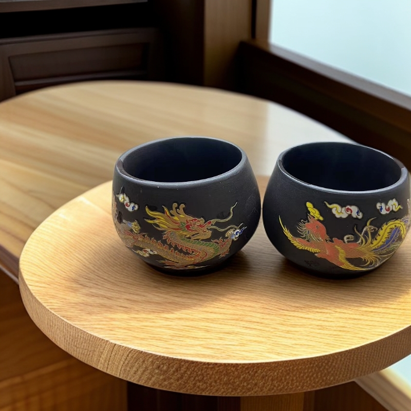 【闪购商品】5深井老紫泥龙凤对杯  （遇热变色）