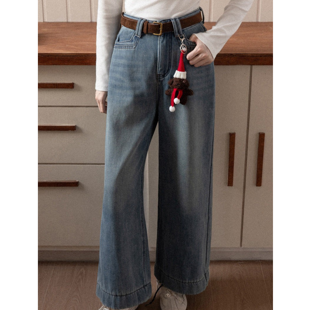 羊城故事-韩系高腰显瘦牛仔裤宽松女冬加绒百搭直筒阔腿裤子76756