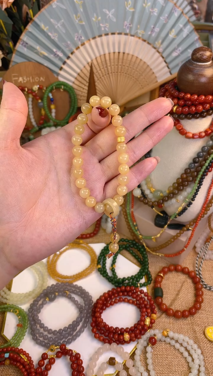 【闪购商品】和田玉手串18K金镶嵌糖玉