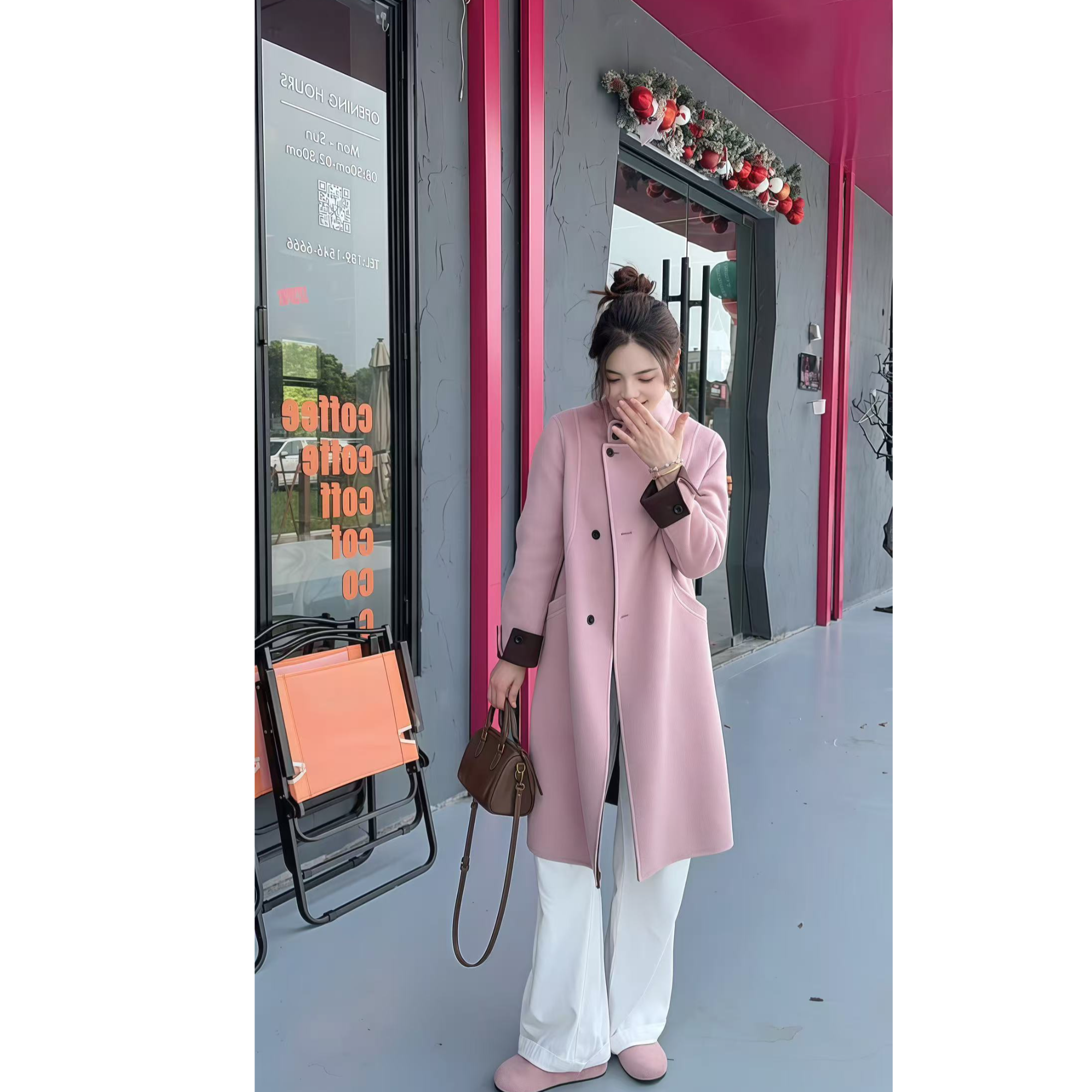 【山羊绒+天丝】①快衣布小个子气质百搭显瘦立领双色羊绒大衣8802