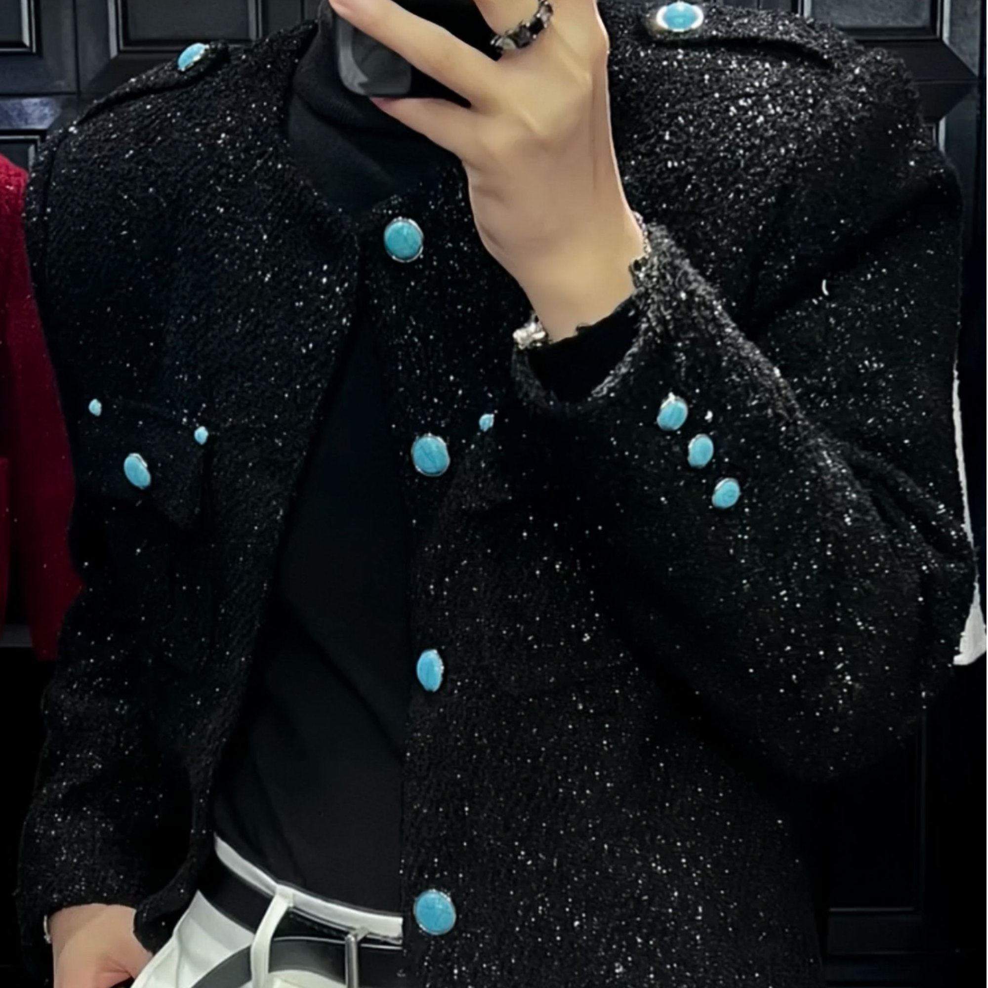 OOTD | 外套新品-黑色小香风定制裂纹绿松石扣高级感时尚短款垫肩